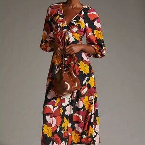 Anthropologie Maeve Deep-V Ruched Midi Dress